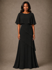 Taupe Chiffon A-Line Mother of the Bride Dress with Cape Sleeves
