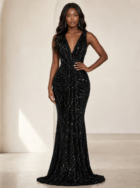 Sequin Mermaid Prom Dress with V-Neck and Ruched Waist