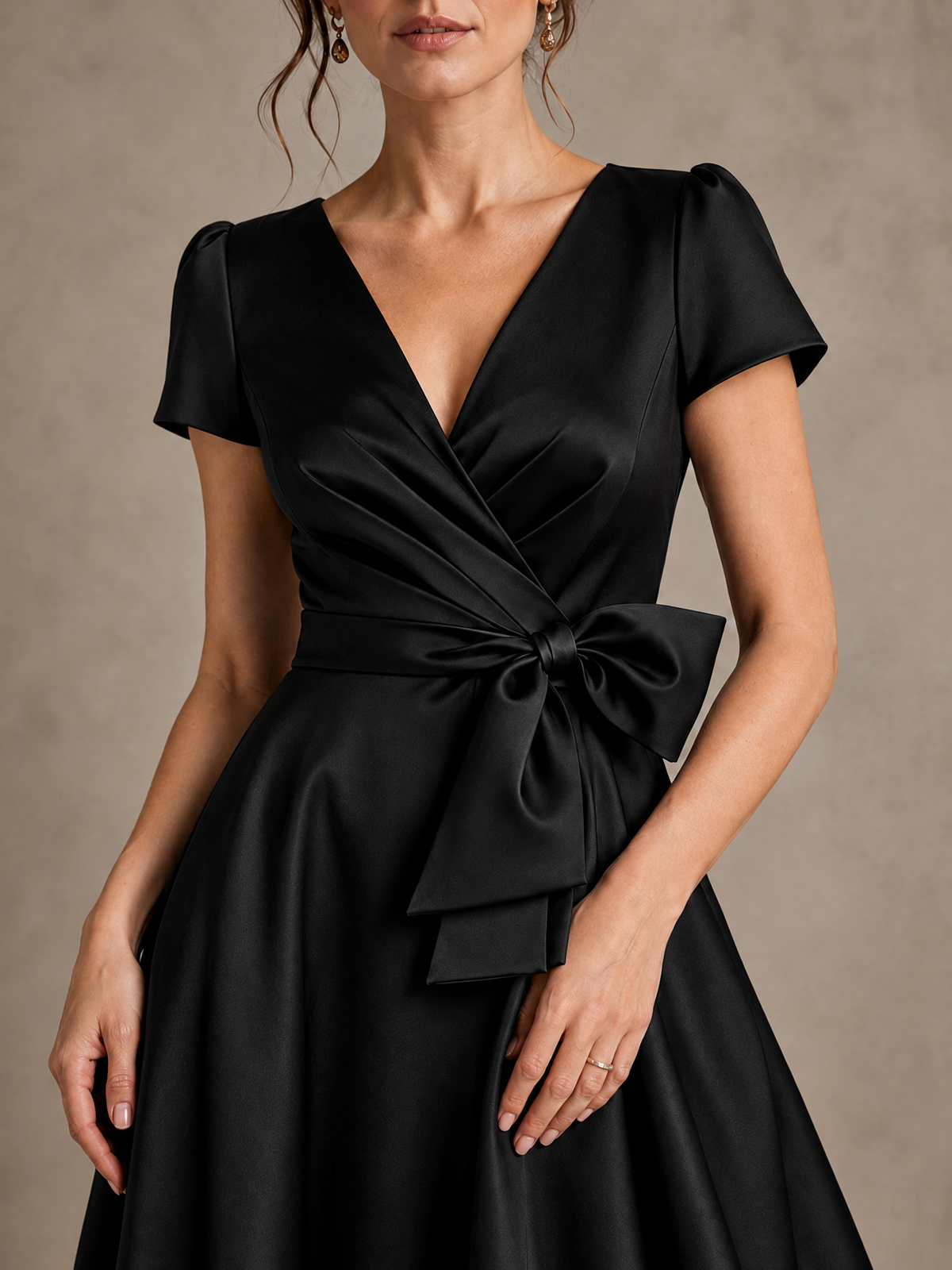 V-Neck Tea-Length Satin Mother of the Bride Dress with Bow