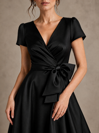 V-Neck Tea-Length Satin Mother of the Bride Dress with Bow