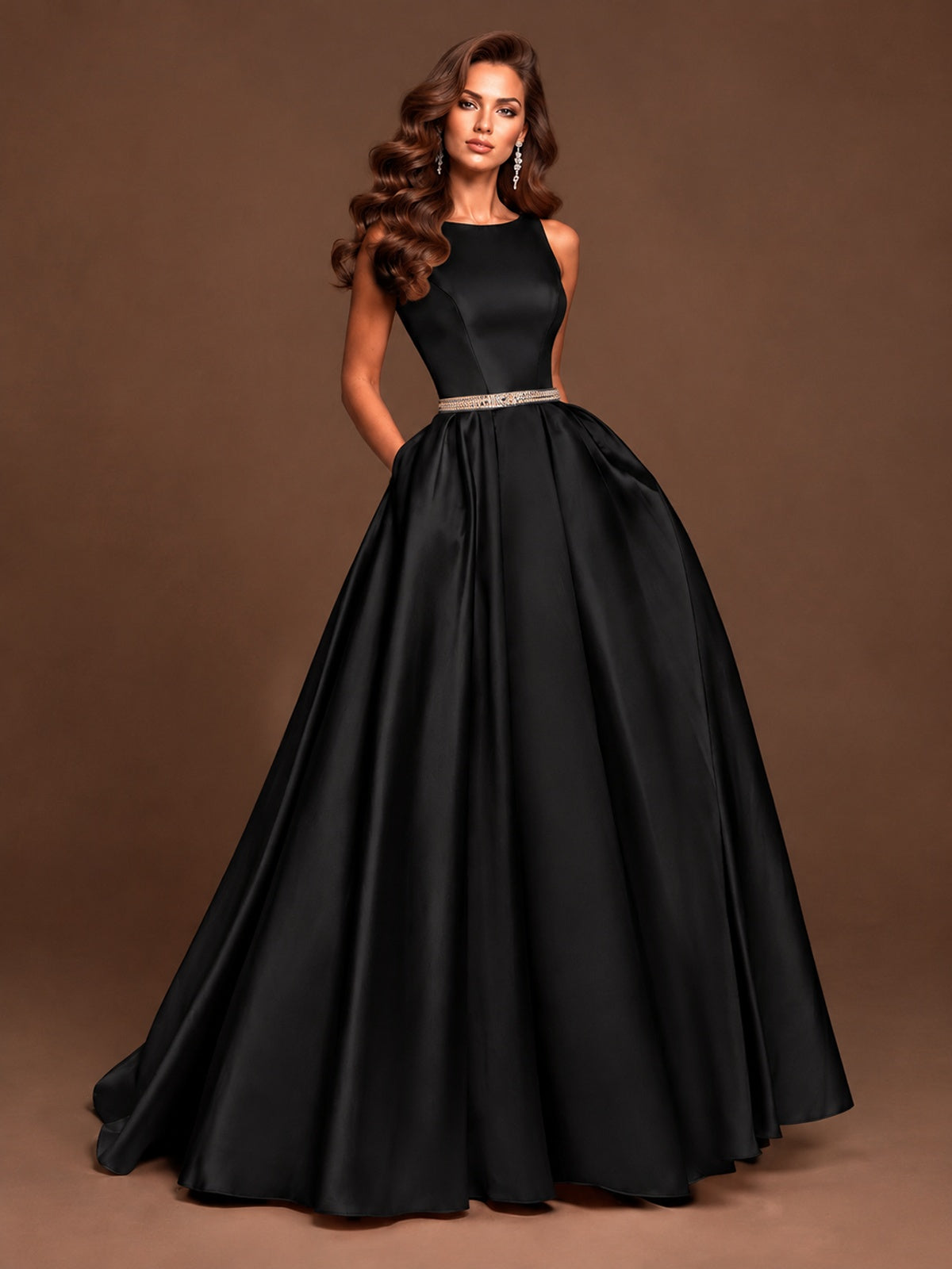 Satin A-Line Prom Dress Sleeveless Beaded Waist Formal Gown with Pockets