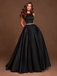 Satin A-Line Prom Dress Sleeveless Beaded Waist Formal Gown with Pockets