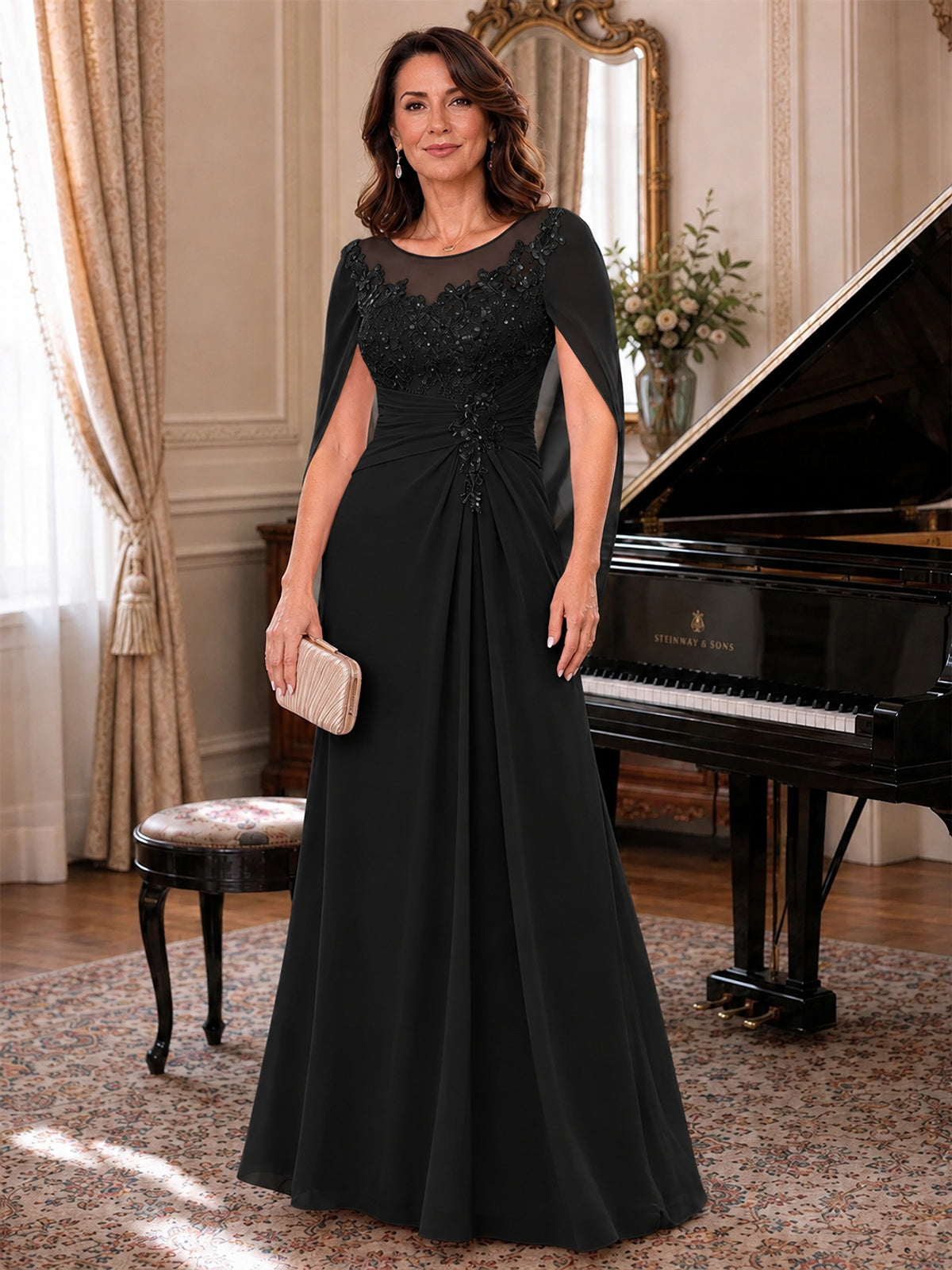 Elegant Applique Chiffon Mother of the Bride Dress with Cape Sleeves