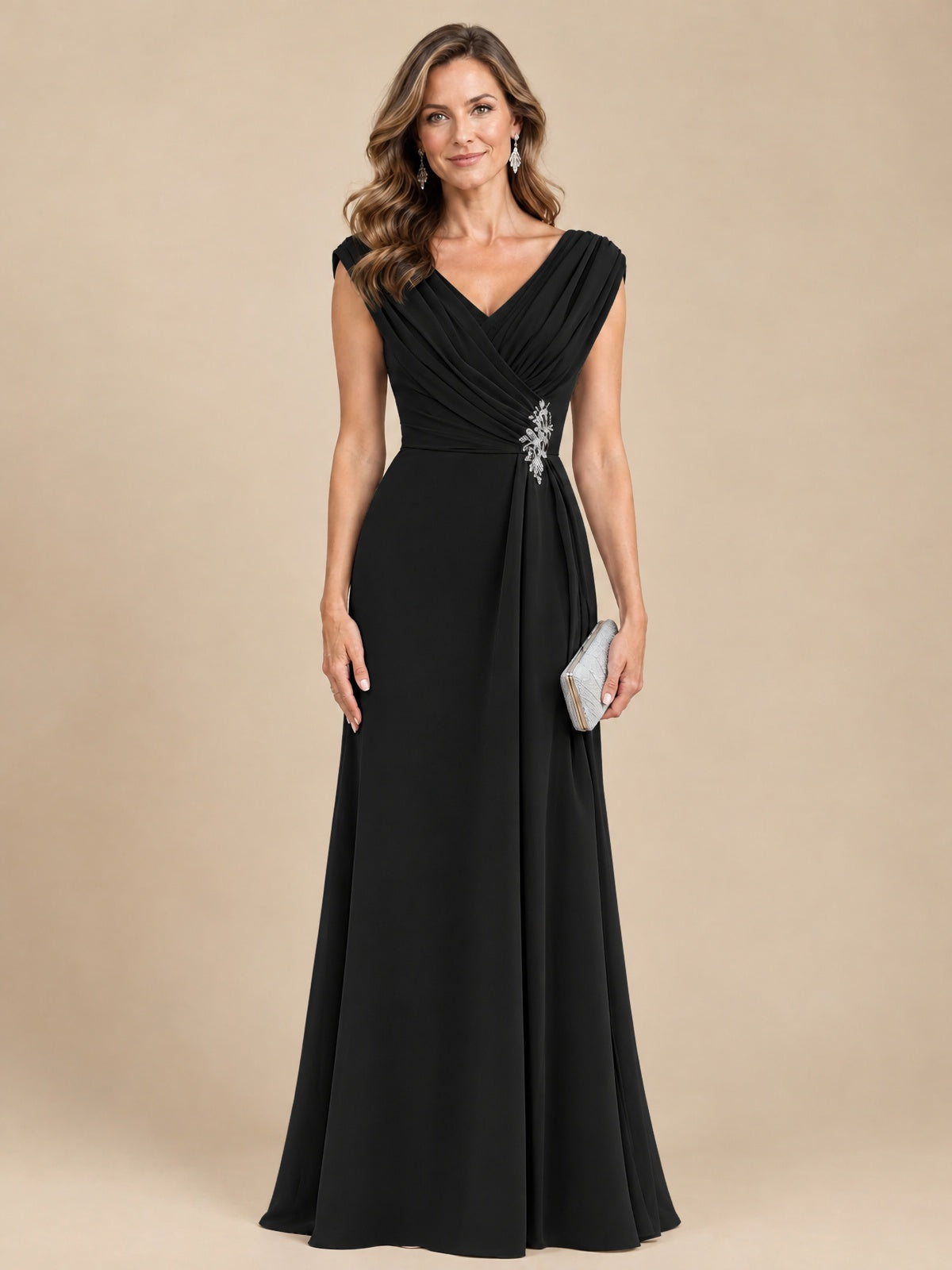 V Neck Pleated Mother of The Bride Dresses with Beading Cap Sleeves