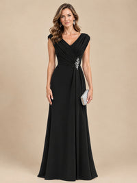 V Neck Pleated Mother of The Bride Dresses with Beading Cap Sleeves