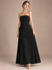Black Strapless 3D Floral Appliques Maxi Dress