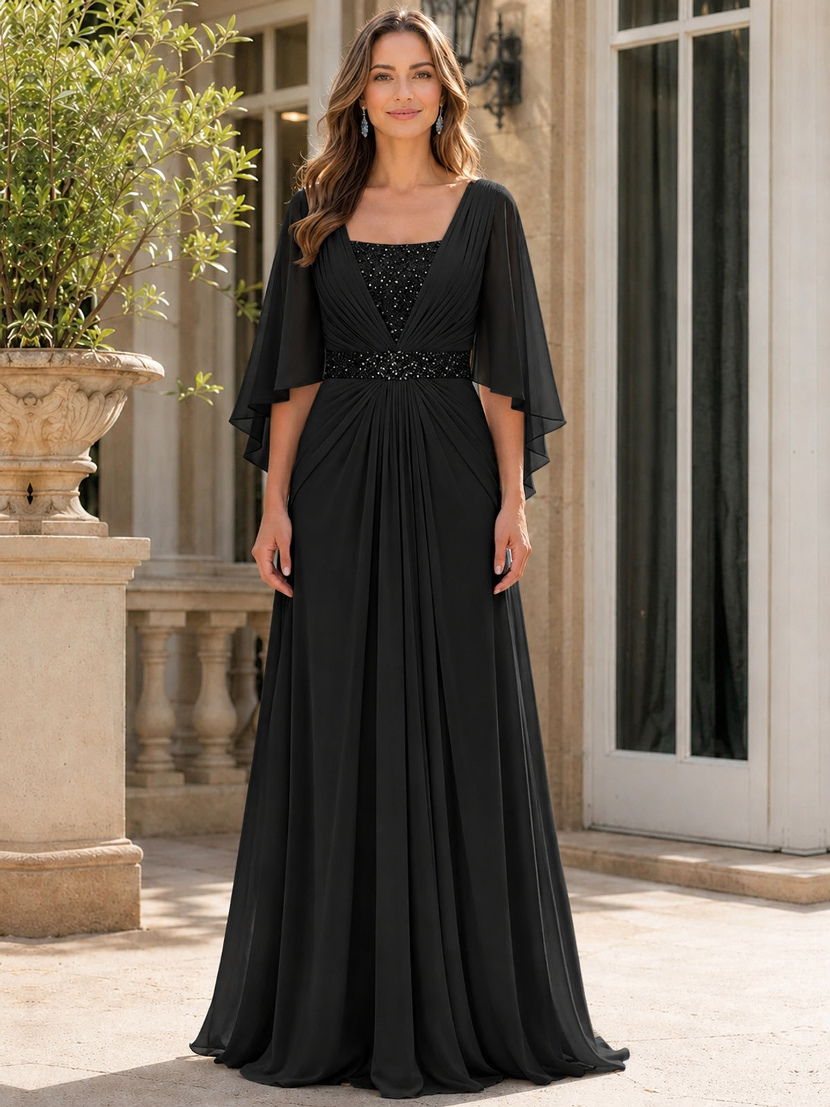 Elegant V-Neck Sequined Chiffon Mother of the Bride Dress with Flutter Sleeves