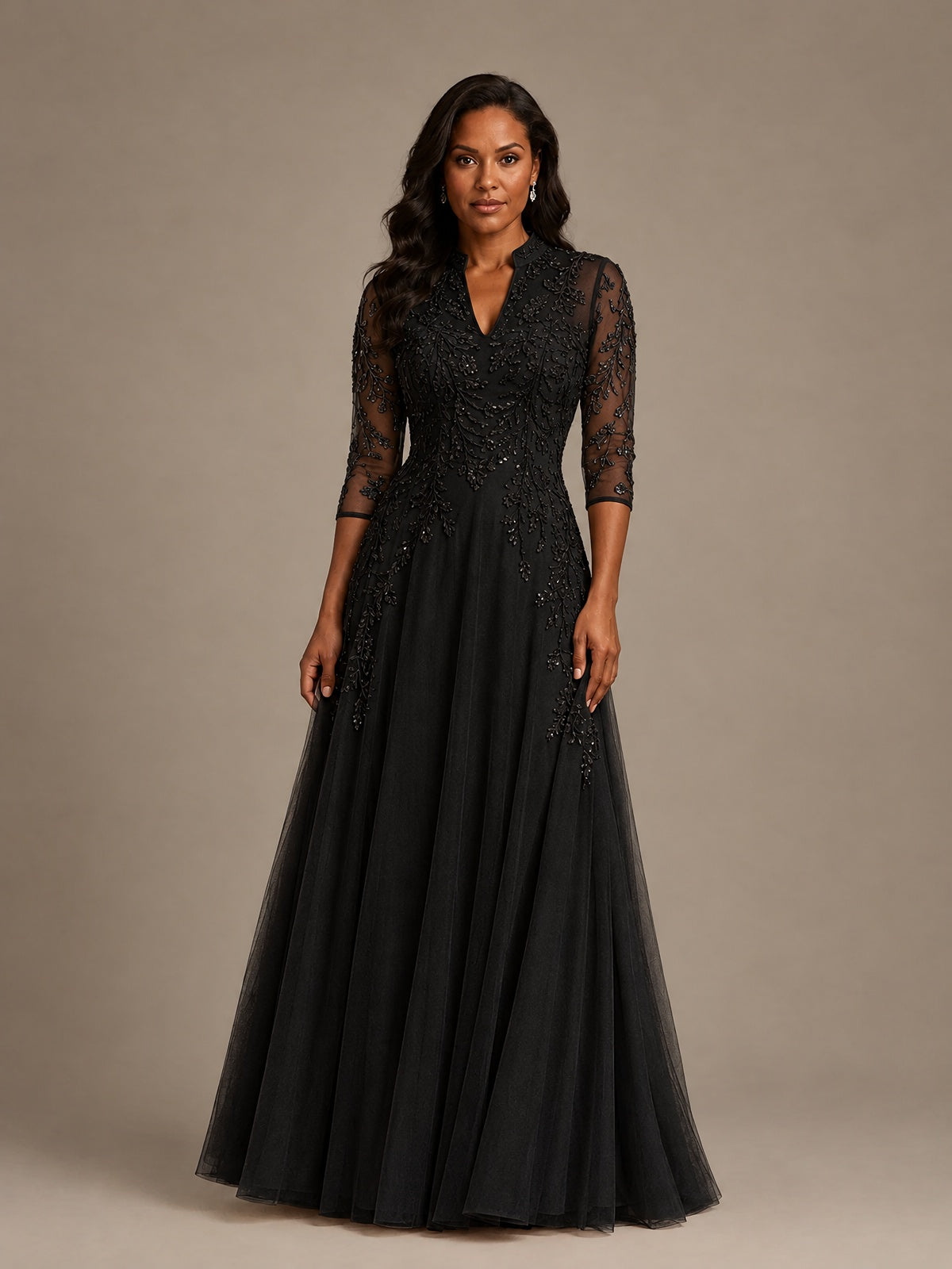 Embellished Appliques Mother of the Bride Dress with 3/4 Sleeves