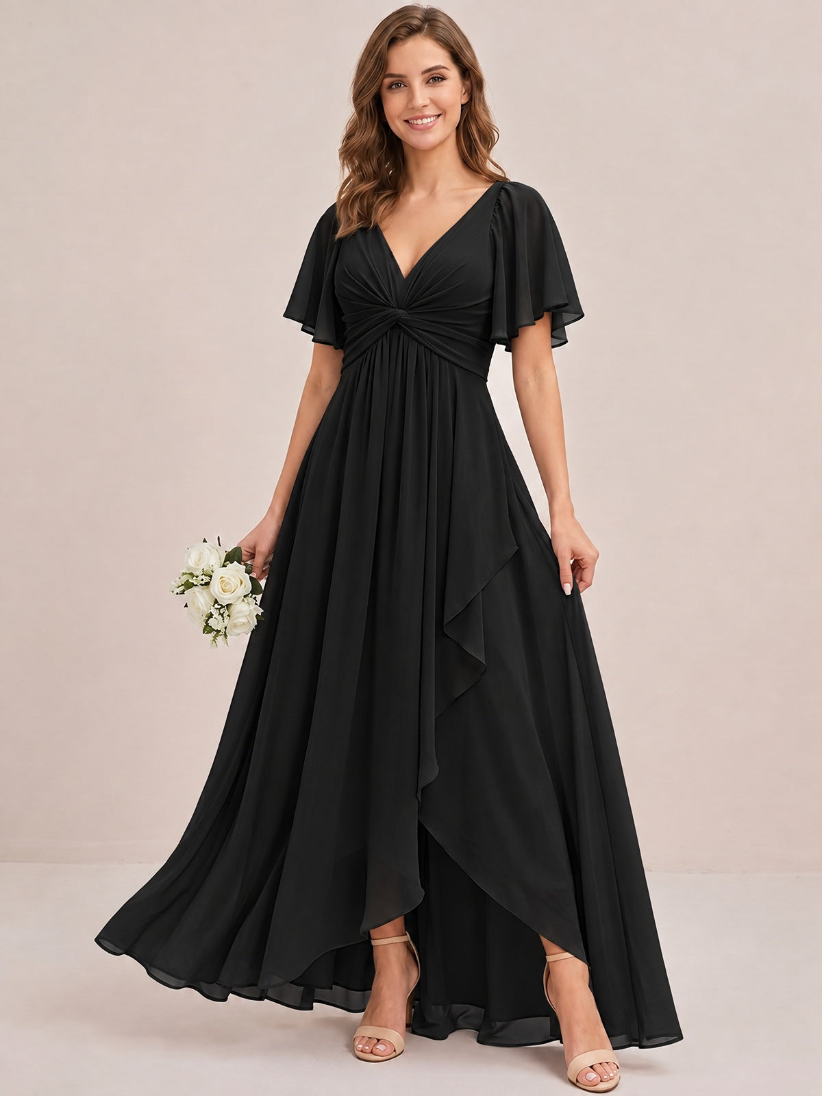 Dusty Blue Chiffon Bridesmaid Dress with Flutter Sleeves & High-Low Hem