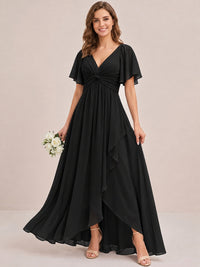 Dusty Blue Chiffon Bridesmaid Dress with Flutter Sleeves & High-Low Hem