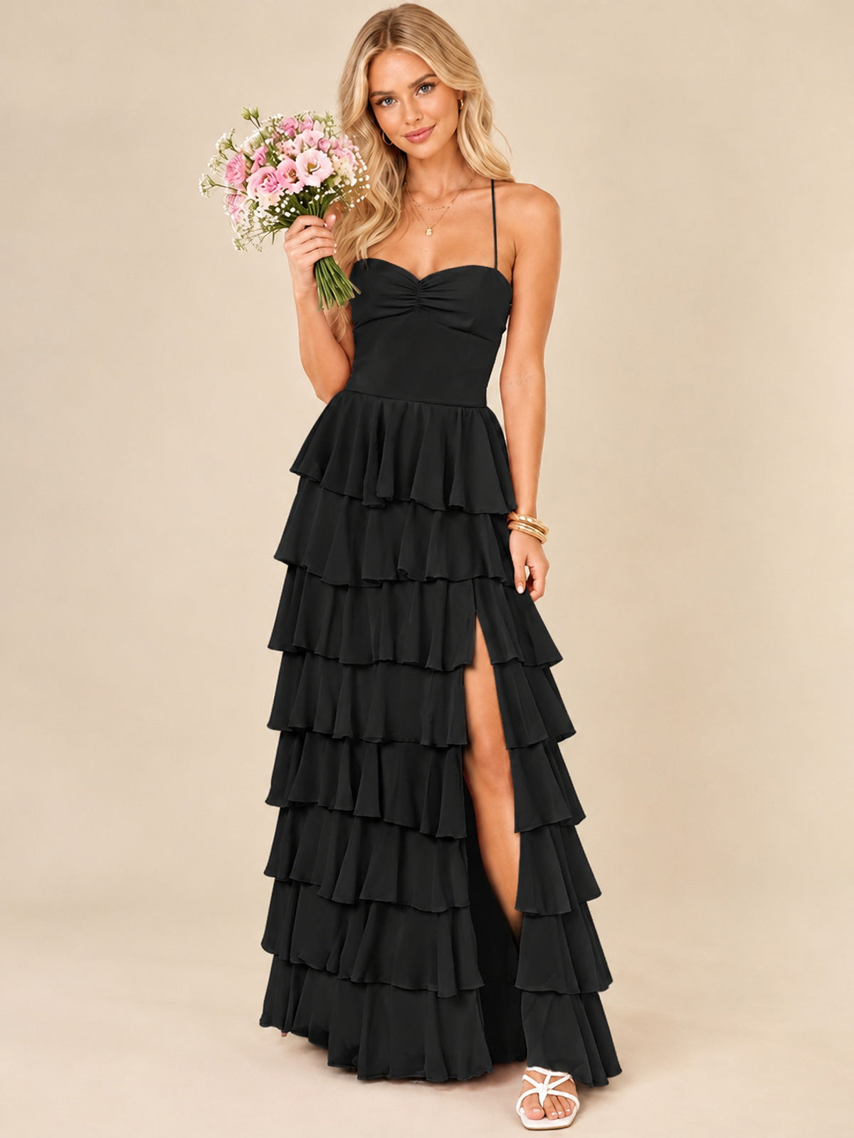 Ruffled Tiered Chiffon Prom Dress Spaghetti Straps Formal Maxi Dress with Slit