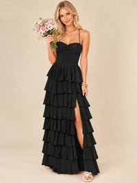 Ruffled Tiered Chiffon Prom Dress Spaghetti Straps Formal Maxi Dress with Slit
