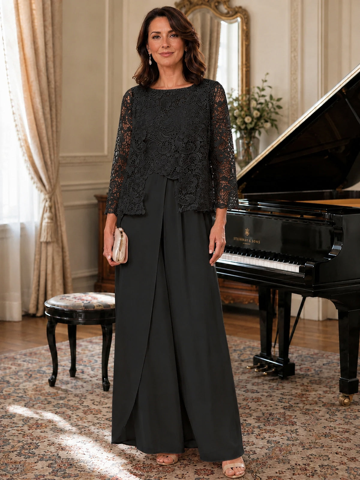 Elegant 3-Piece Chiffon Mother of the Bride Pantsuit with Floral Applique Jacket