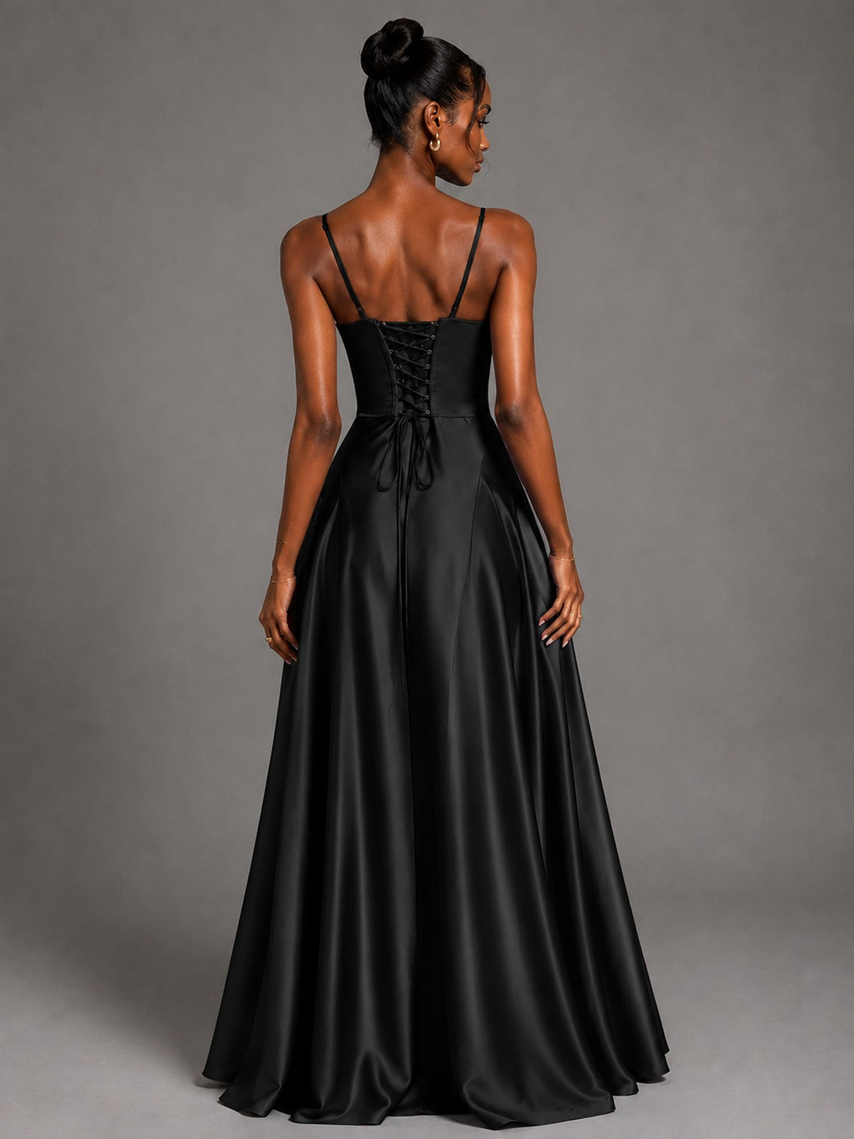 Lavender V Neck Satin Prom Dress with Spaghetti Straps
