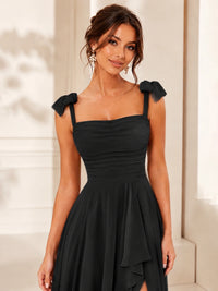 Ruffle Slit Chiffon A Line Scoop Neck Bridesmaid Dresses with Pockets