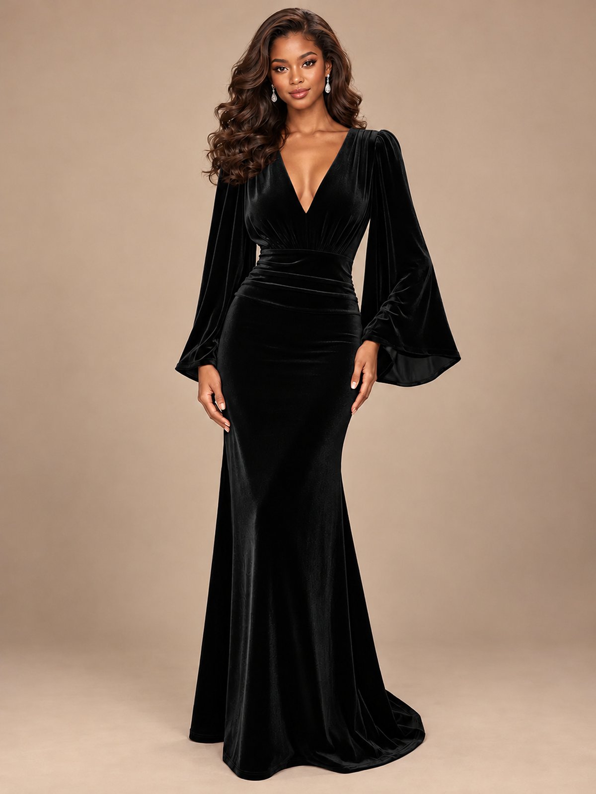 Burgundy Velvet Deep V-Neck Ruched Long Sleeve Maxi Dress