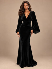 Burgundy Velvet Deep V-Neck Ruched Long Sleeve Maxi Dress
