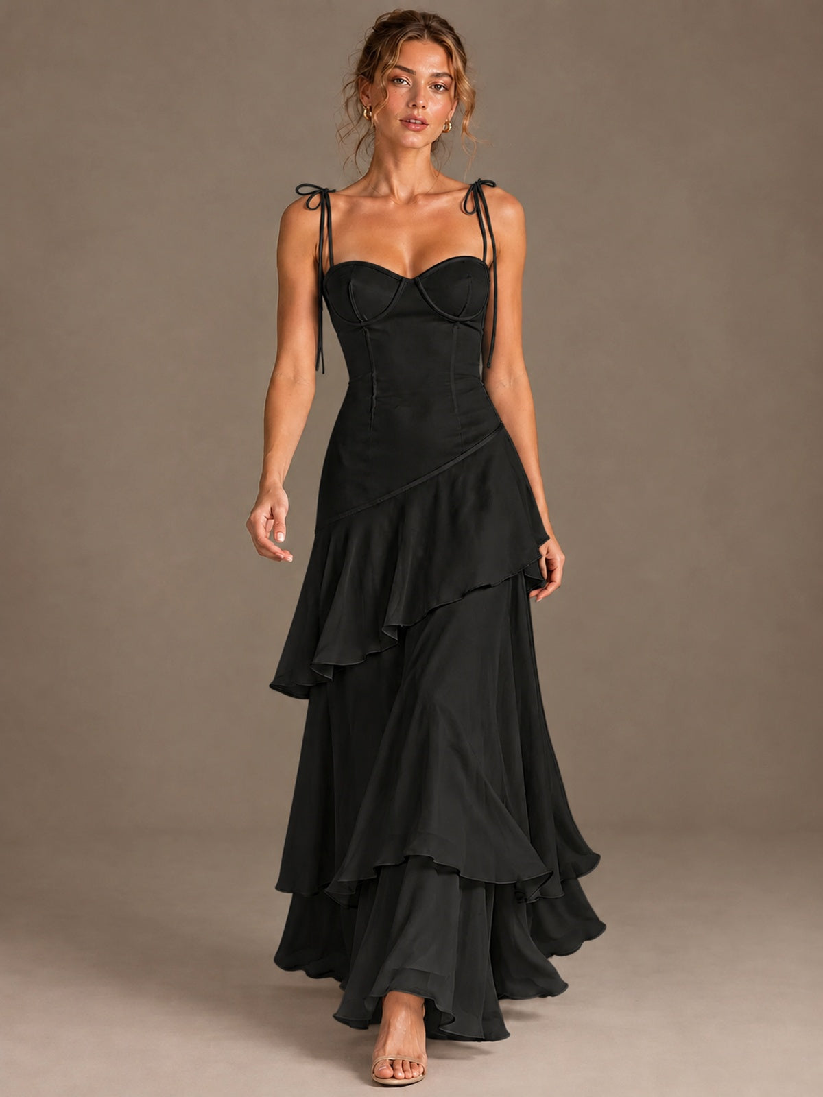 Spaghetti Strap Tiered Ruffles Chiffon Prom Dress