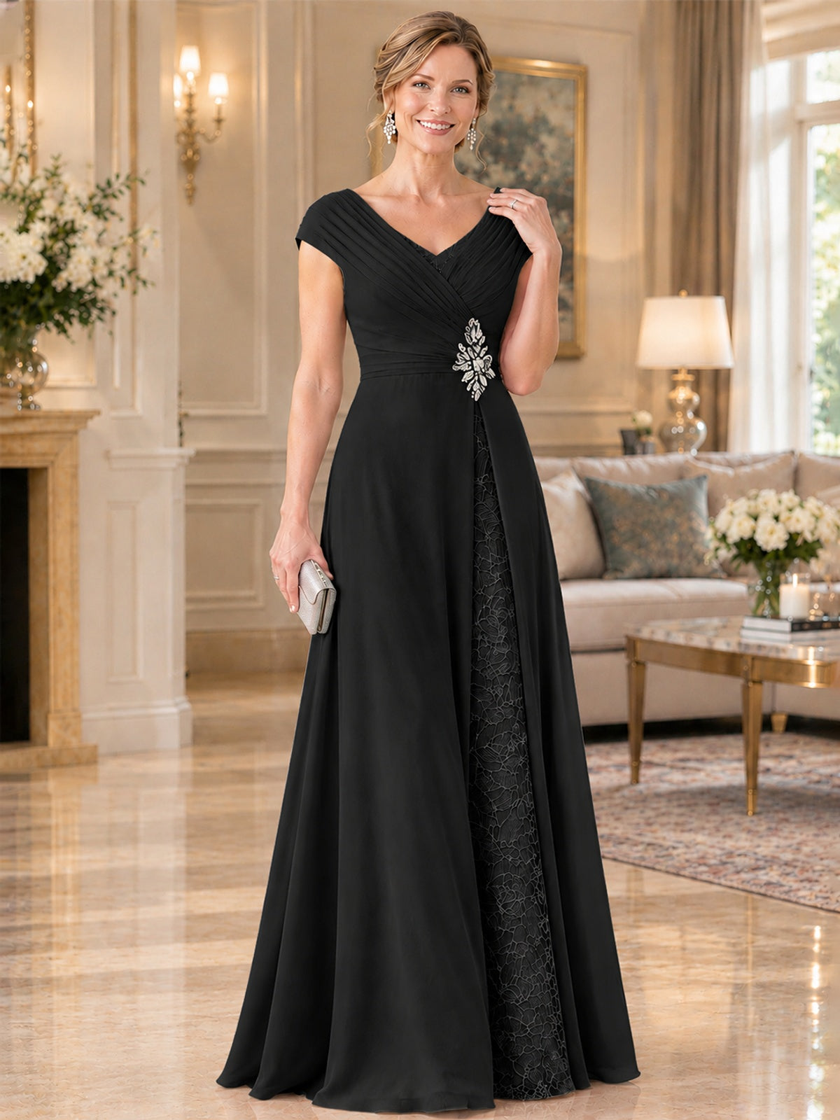 Pleated Chiffon Lace Mother of The Bride Dresses with Beading Cap Sleeves