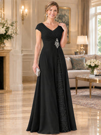 Pleated Chiffon Lace Mother of The Bride Dresses with Beading Cap Sleeves