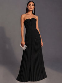 Black Strapless Pleated Satin Prom Dress Long Formal Gown Evening Dress