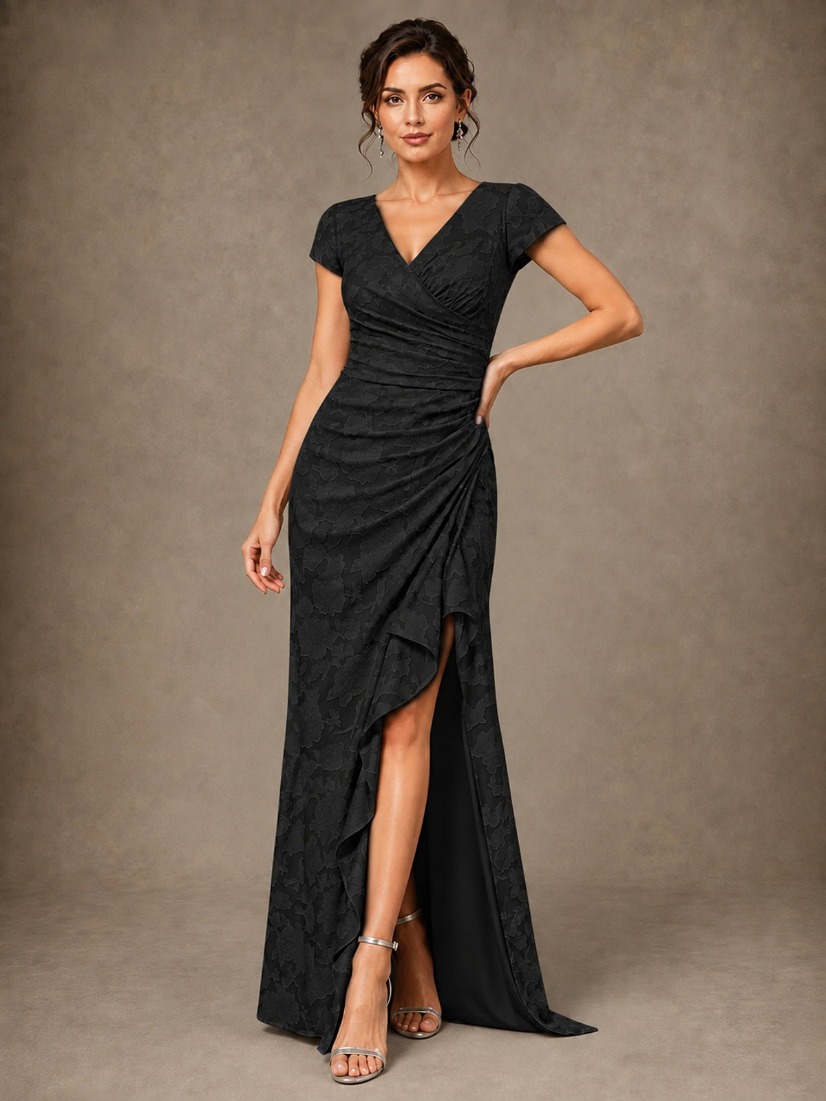 V-Neck Floral Jacquard Mother of the Bride Dress with Slit