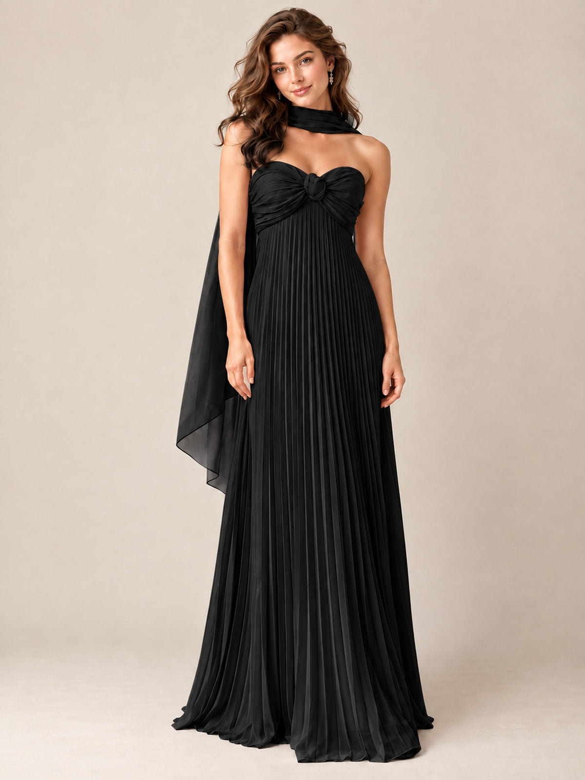 Sweetheart Neckline Pleated Prom Dress Strapless A-line Formal Dress with Flowy Scarf