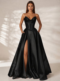 Black Strapless Corset Satin Prom Dress Long Evening Gown with High Slit