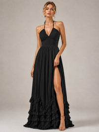 Halter V Neck Chiffon Formal Dress with Lace-Up Back and Ruffle Hem