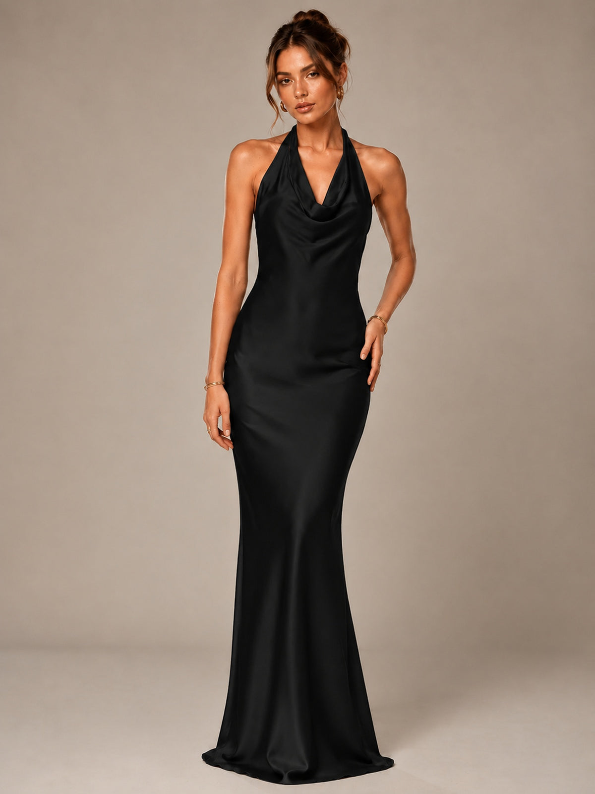 Olive Green Halter Satin Mermaid Maxi Dress