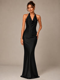 Olive Green Halter Satin Mermaid Maxi Dress
