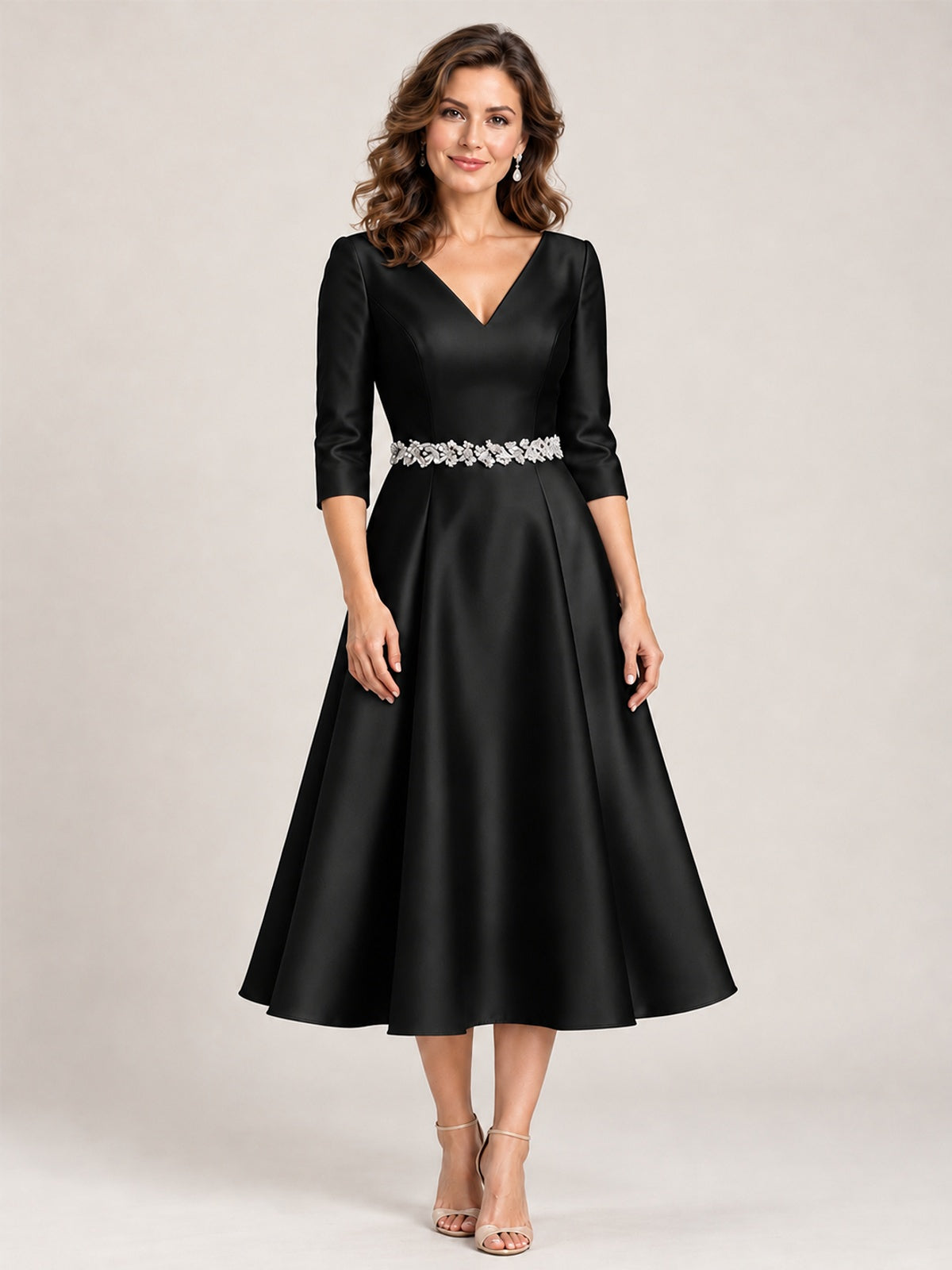 Black V-Neck Tea-Length Mother of the Bride Dress with Embellished Waist