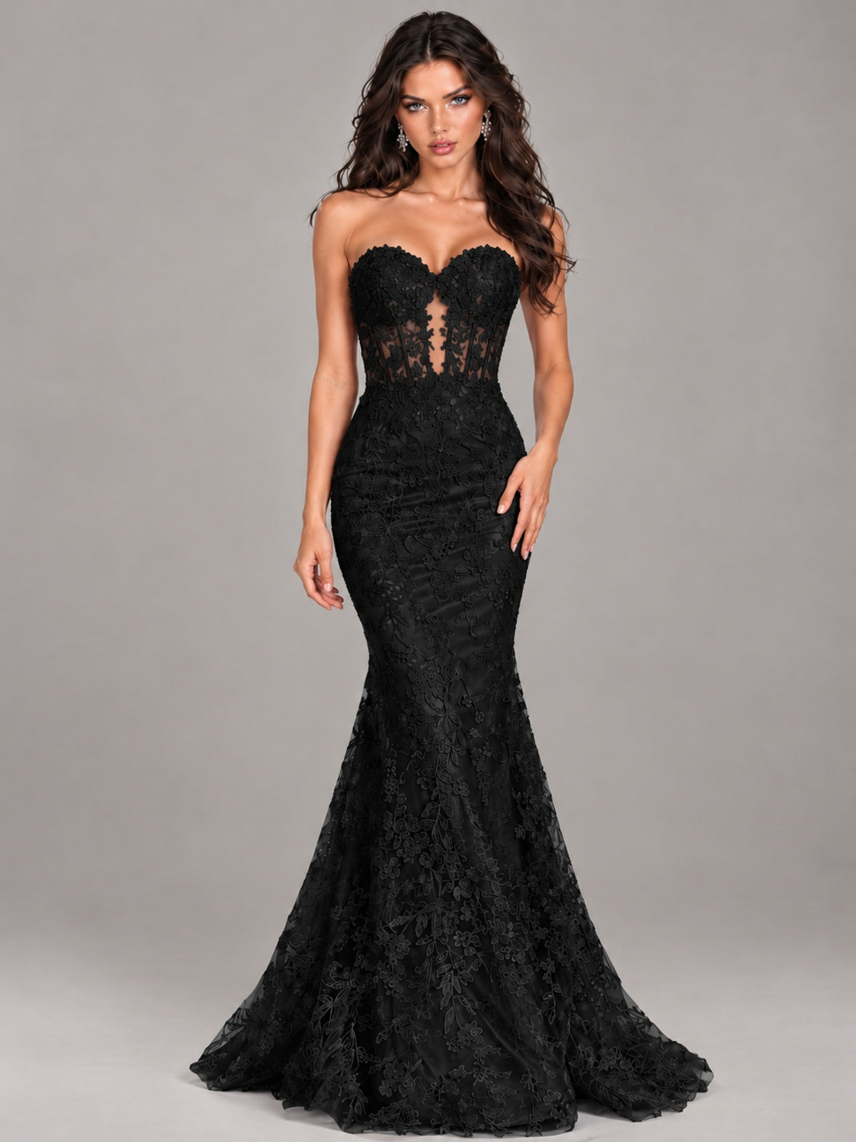 Strapless Corset Mermaid Prom Dress Lace Appliqué Formal Gown