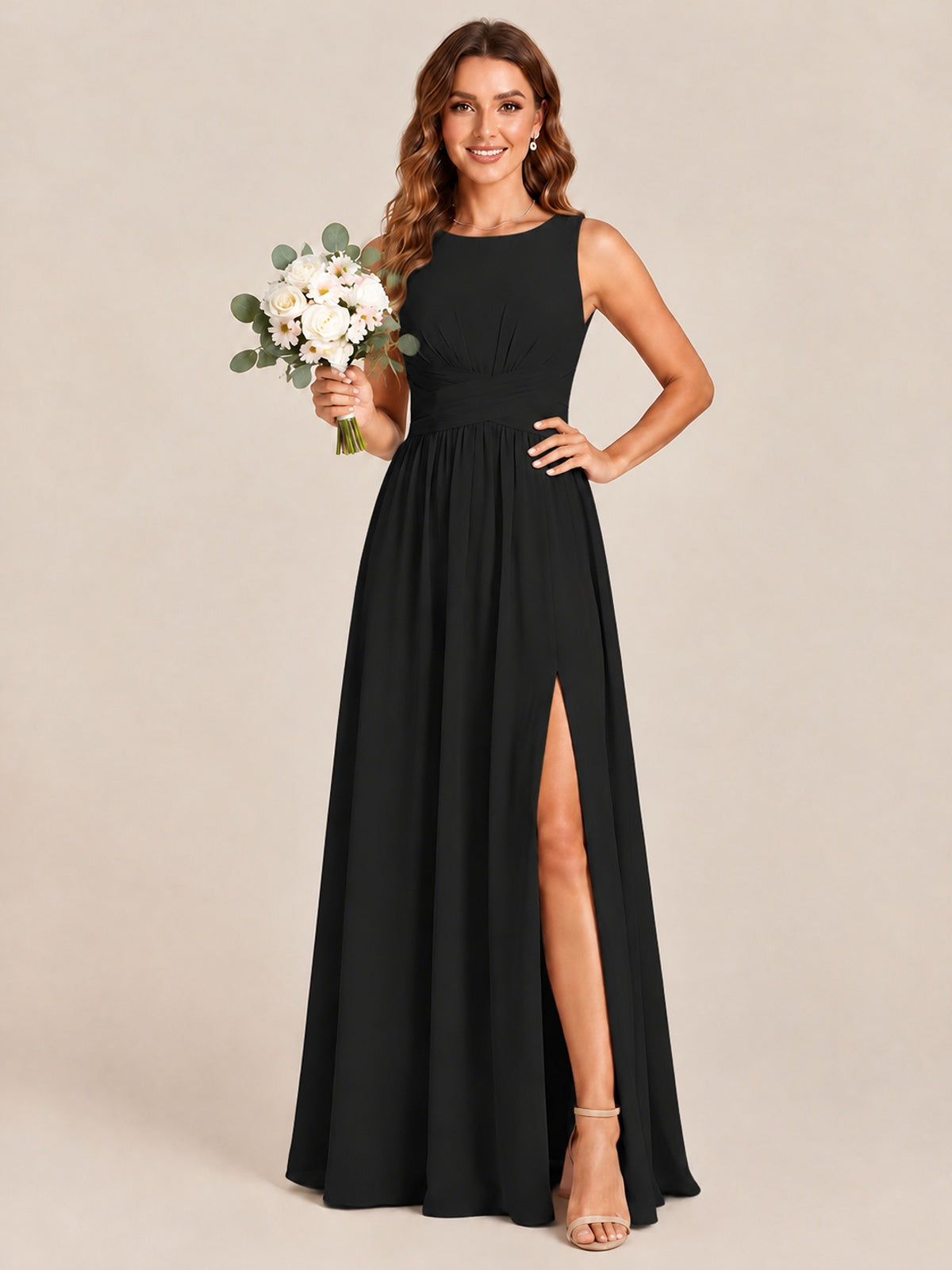 A-line Sleeveless Rucehd Chiffon Bridesmaid Dress with High Slit