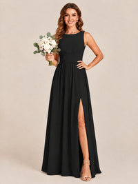 A-line Sleeveless Rucehd Chiffon Bridesmaid Dress with High Slit