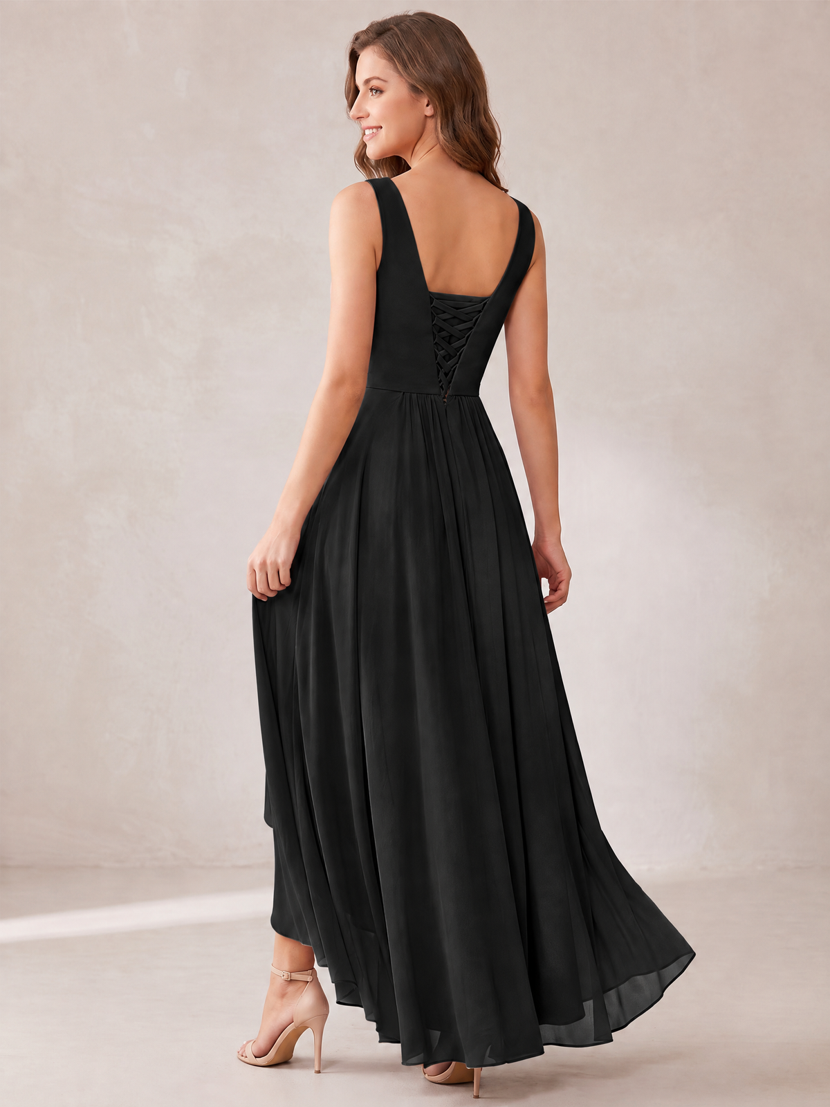 V-Neck High-Low Chiffon Bridesmaid Dress with Ruffles