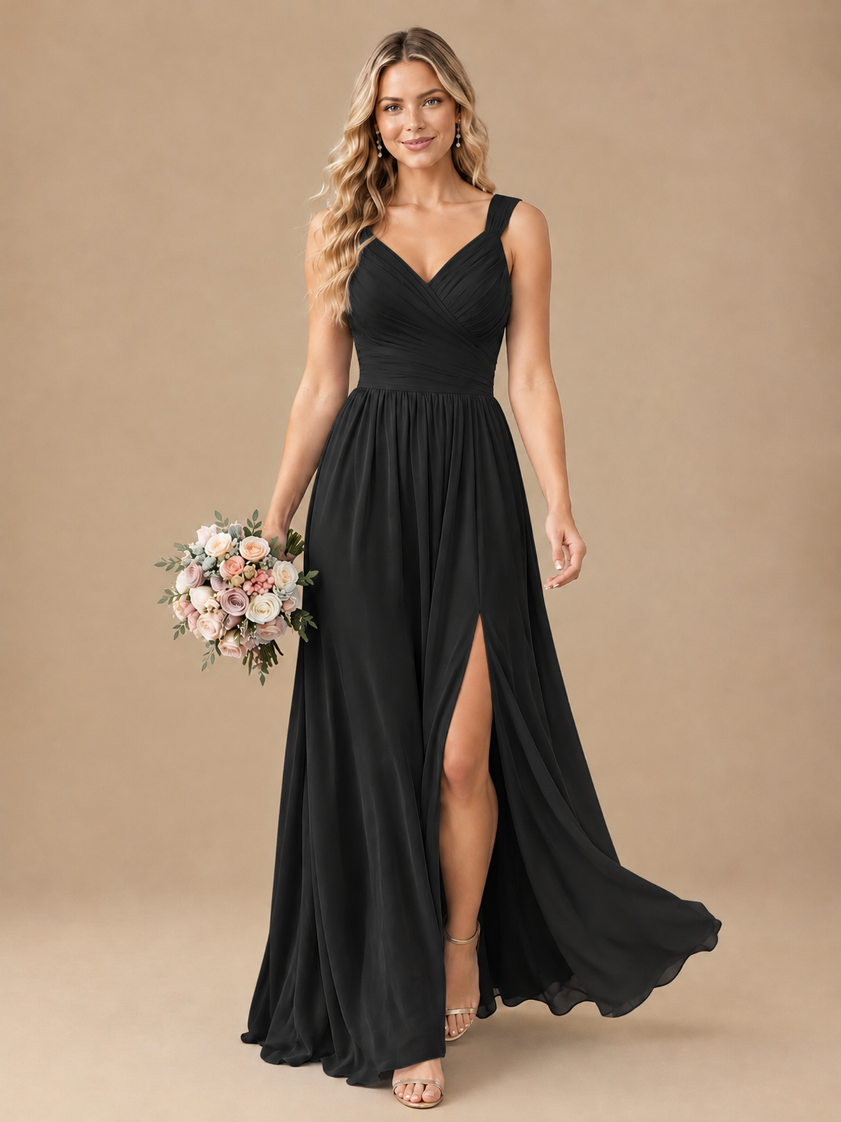 Pleated Chiffon V Neck Wedding Bridesmaid Dresses Floor Length with Slit