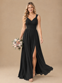 Pleated Chiffon V Neck Wedding Bridesmaid Dresses Floor Length with Slit