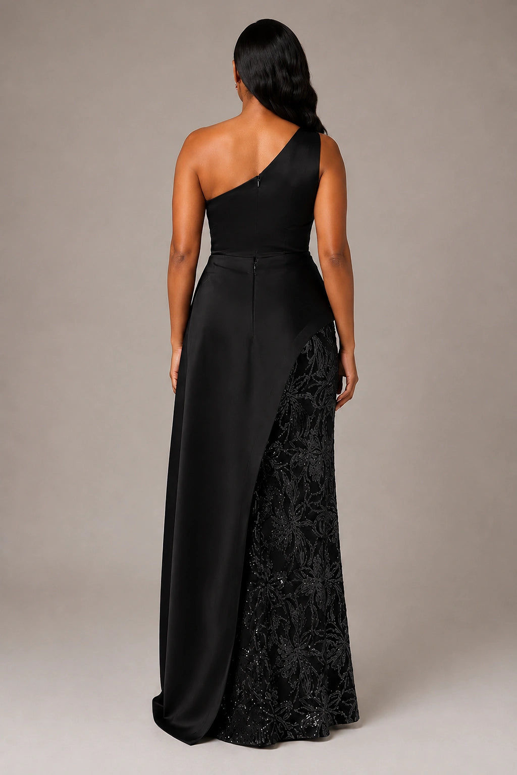 One-Shoulder Mother of the Bride Dress with Sequin Skirt and Peplum