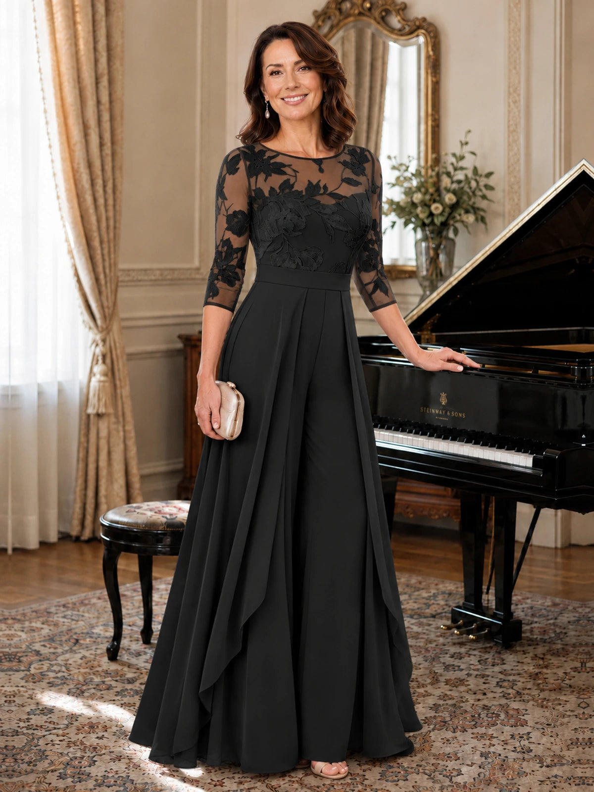 Lace Applique Wide-Leg Chiffon Mother of the Bride Jumpsuit