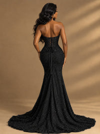 Beaded Sequin Prom Dress Strapless Formal Gowns with High Slit Train