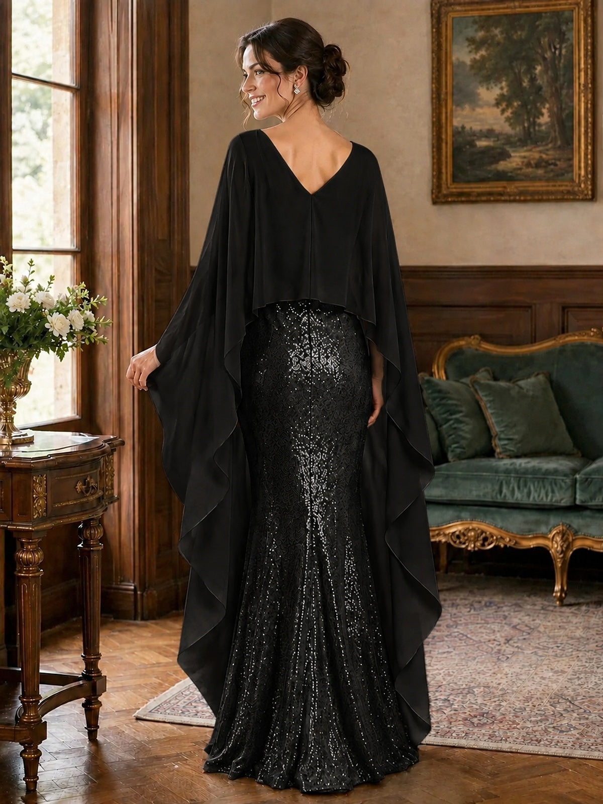 Sequin 2 Pieces Mother of the Bride Dress with Cap Sleeves Chiffon Formal Gowns
