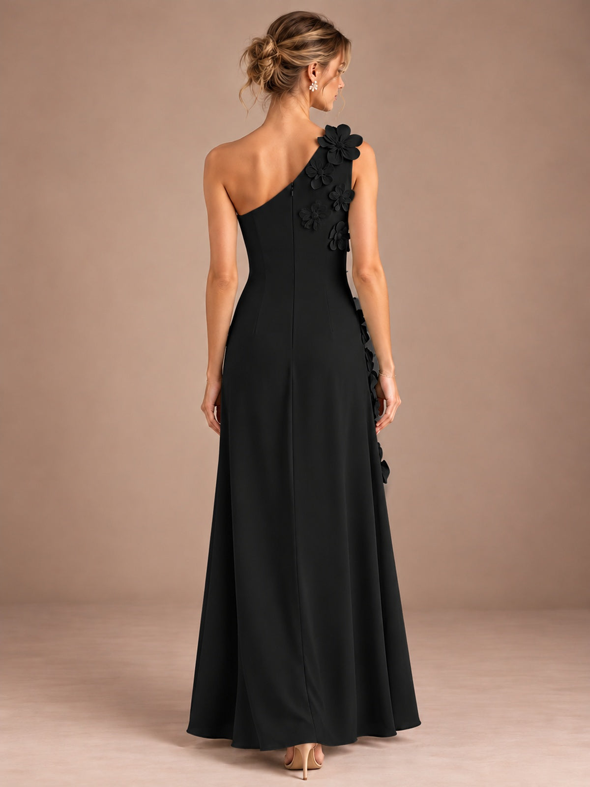 Sage Green One Shoulder Satin Formal Maxi Dress with 3D Floral