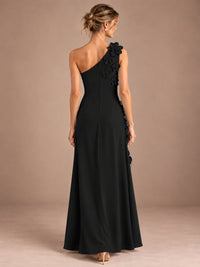Sage Green One Shoulder Satin Formal Maxi Dress with 3D Floral