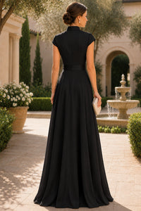 V Neck Cap Sleeve A-Line Floor-Length Satin Bridesmaid Dress