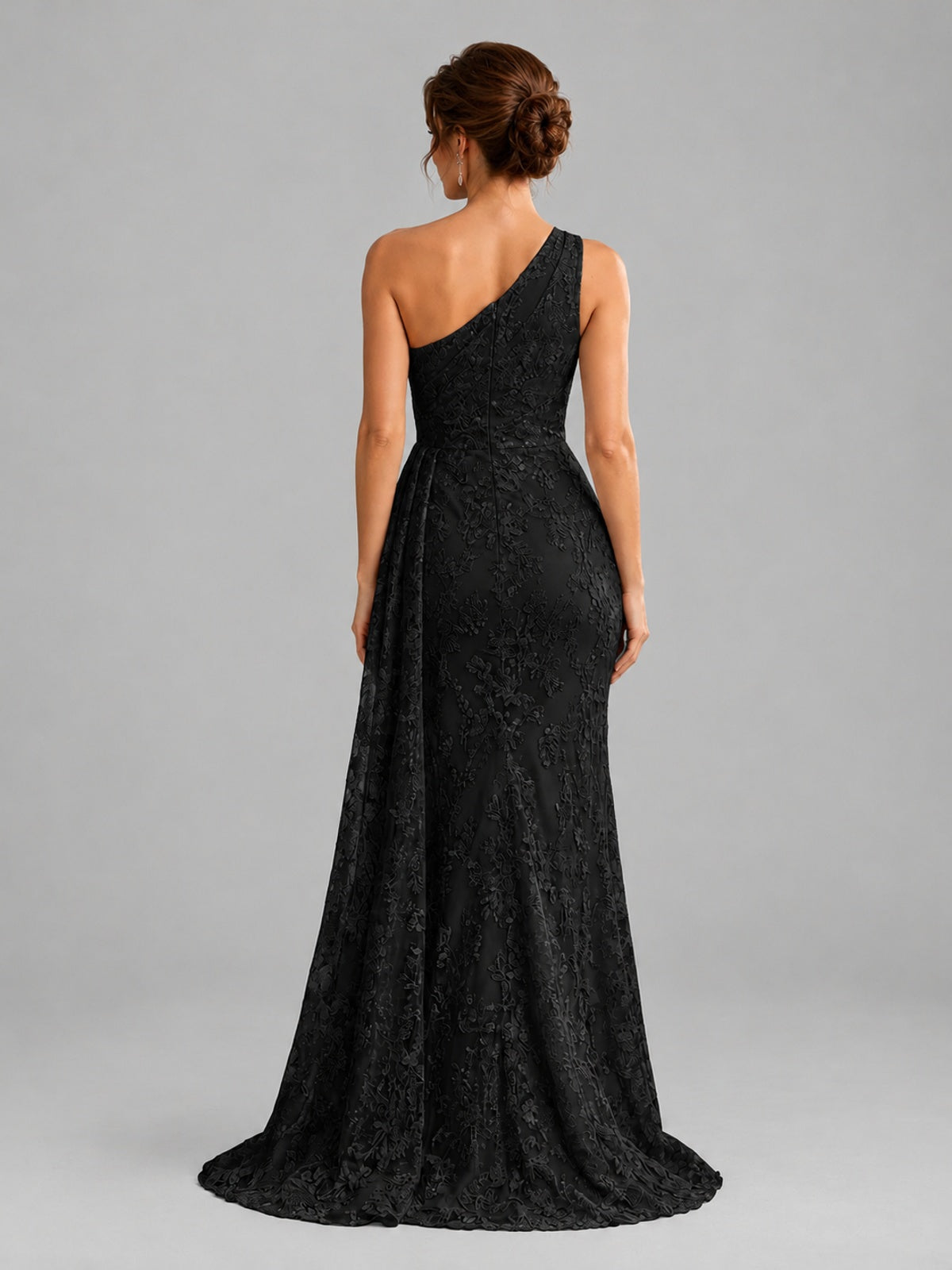 One-Shoulder Ruched Floral Lace Floor-Length Prom Dress