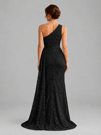 One-Shoulder Ruched Floral Lace Floor-Length Prom Dress