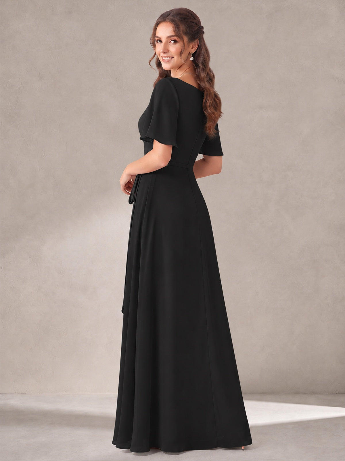 Scoop Neck A-line Chiffon Bridesmaid Dress with Flutter Sleeve & Belt