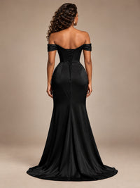 Burgundy Off-the-Shoulder Satin Corset Prom Dress with Slit