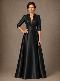 V-Neck Pleated Satin Mother of the Bride Gown with 3/4 Sleeves